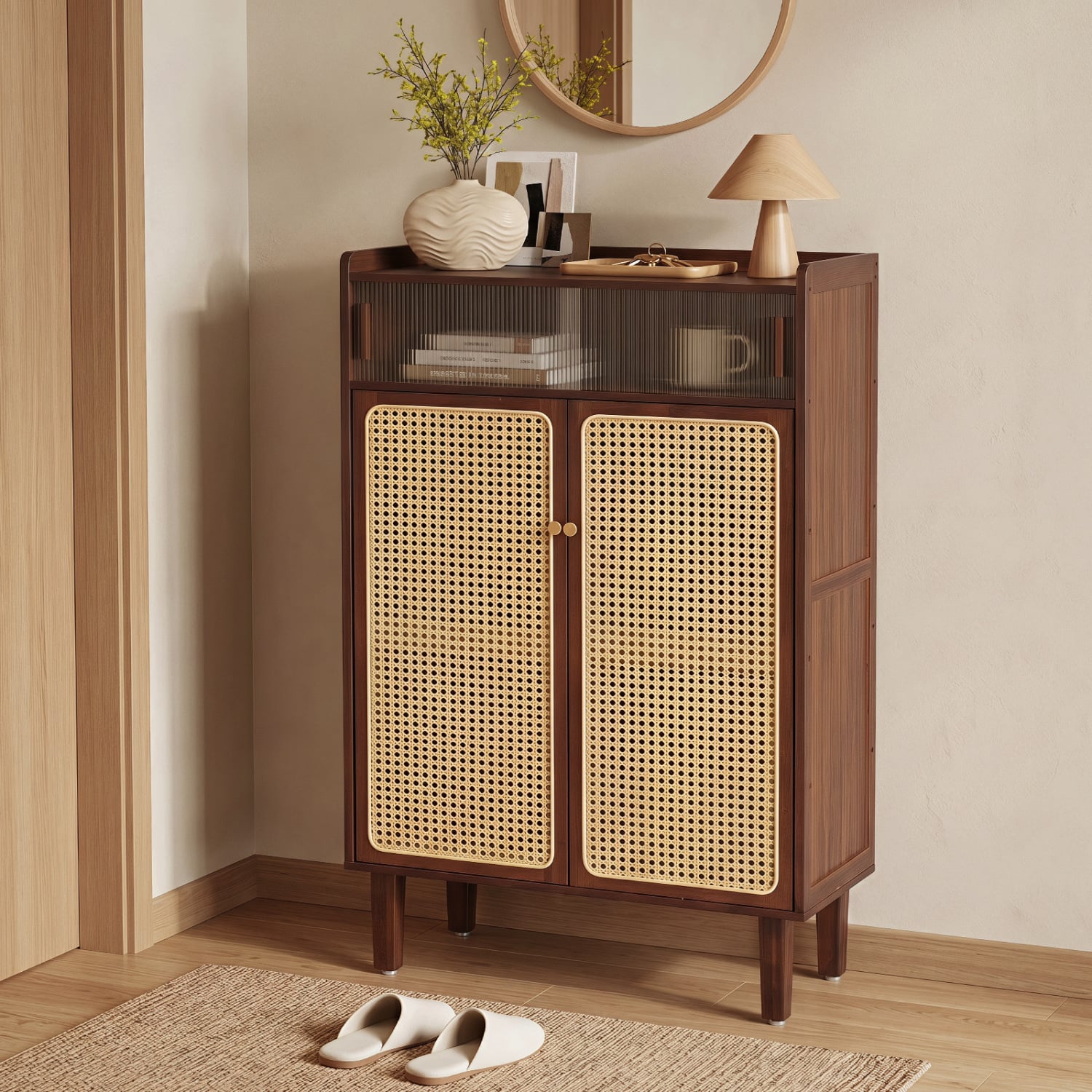 5-Tier Bamboo Shoe Cabinet, Woven Rattan Doors, Walnut Shoe Racks & Storage Benches at Gallery Canada