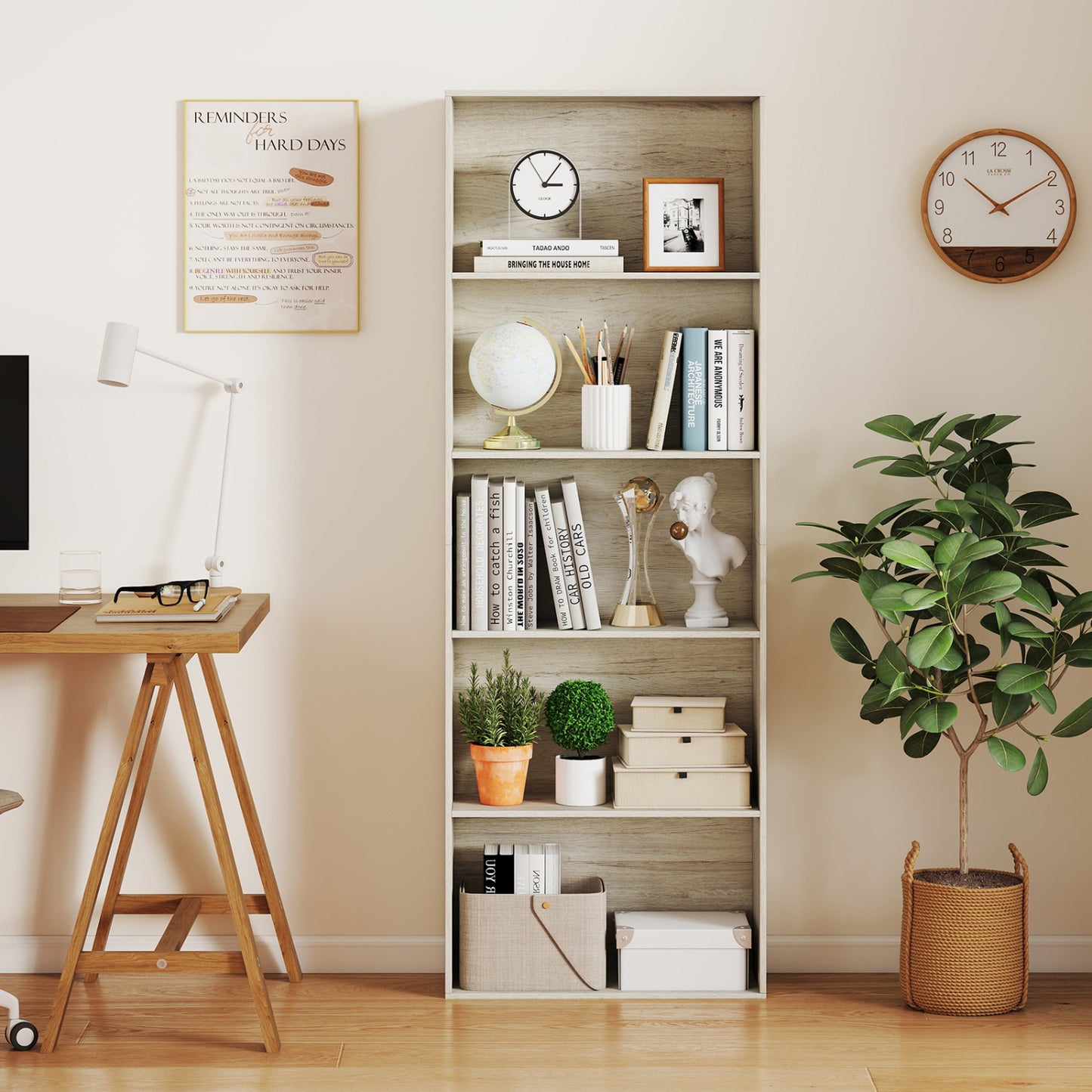 Bibliothèque à 5 étagères, autoportante, gris clair