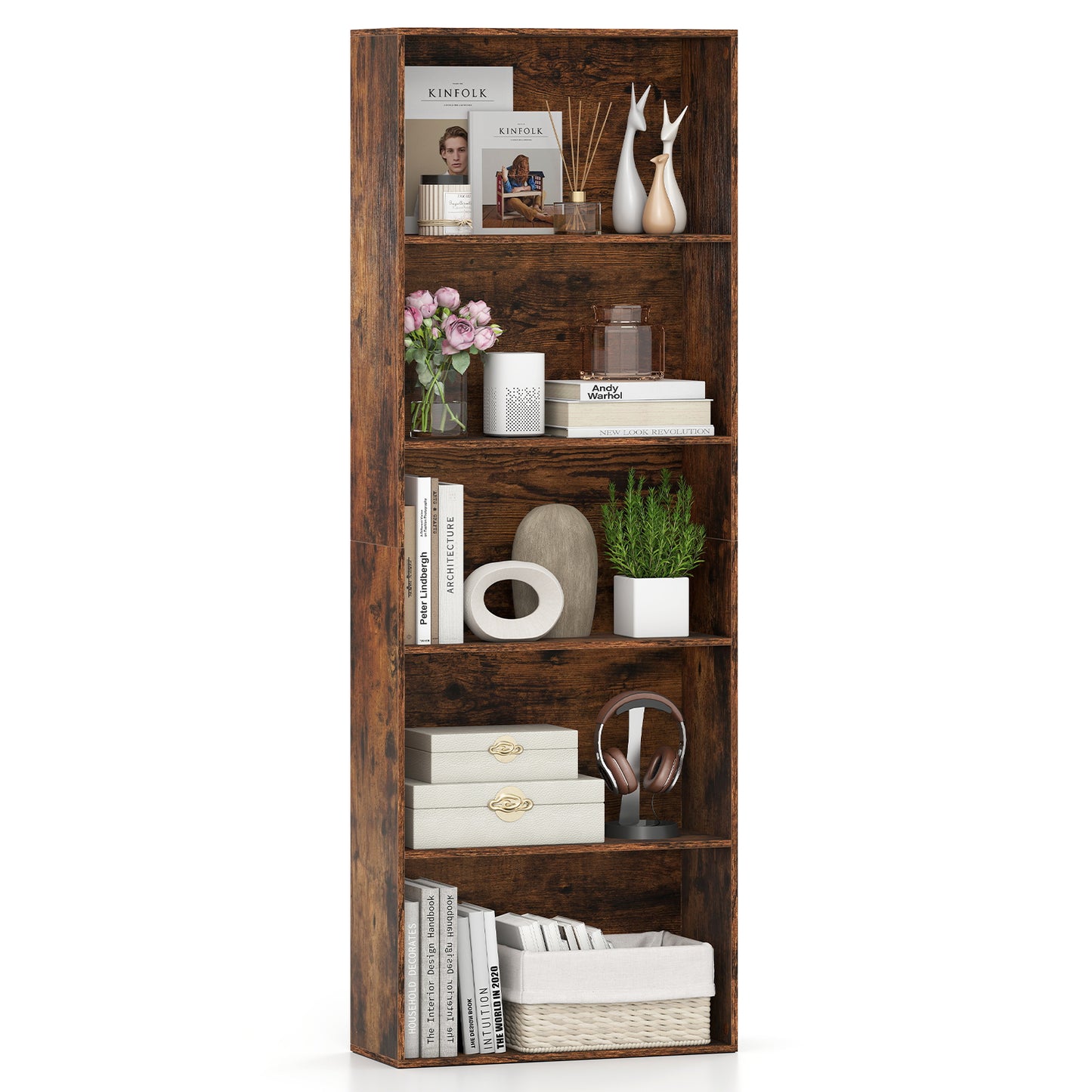 5-Tier Bookshelf Open Bookcase Freestanding Display Shelf Storage Organizer, Rustic Brown Bookcases at Gallery Canada