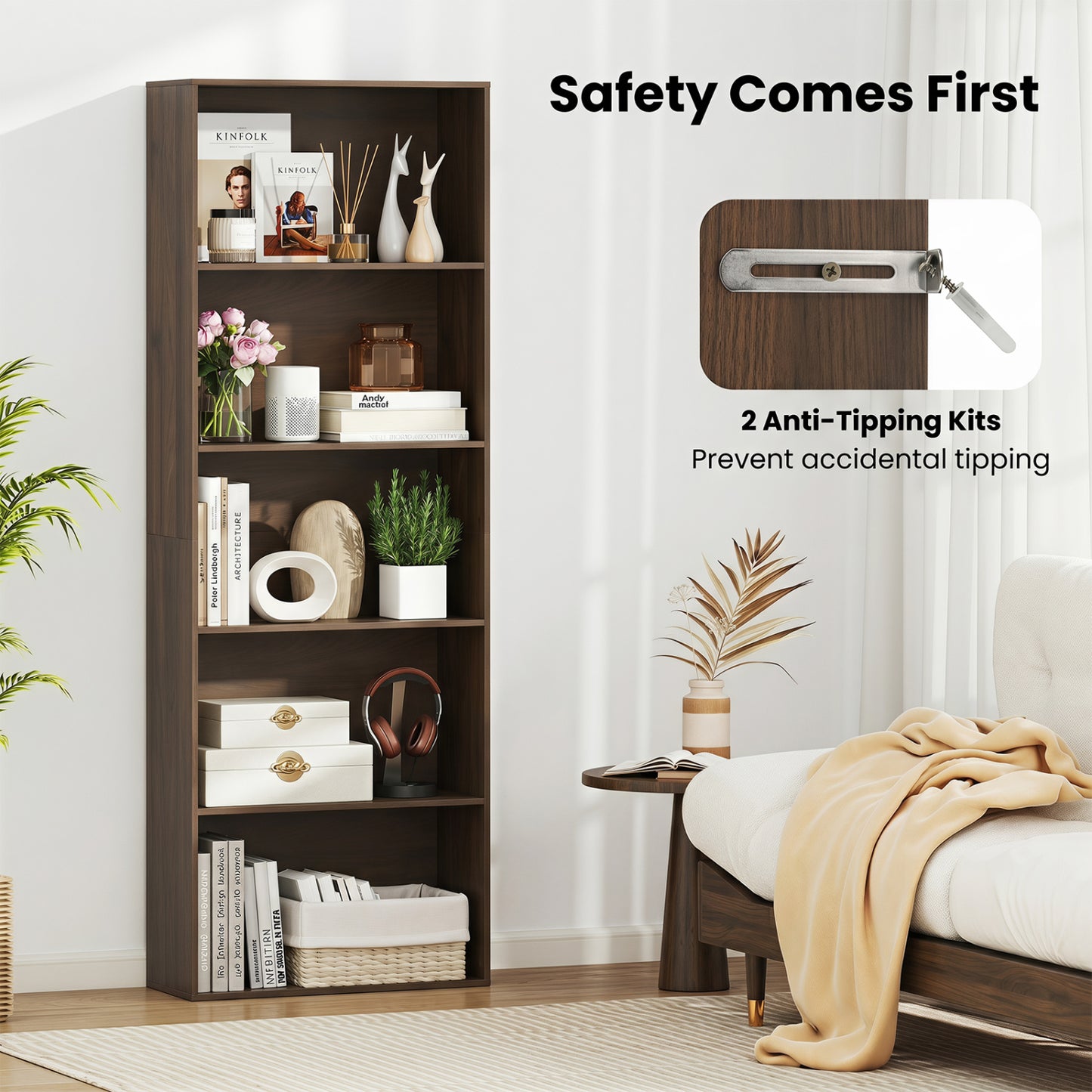 5-Tier Bookshelf Open Bookcase, Dark Walnut Bookcases at Gallery Canada