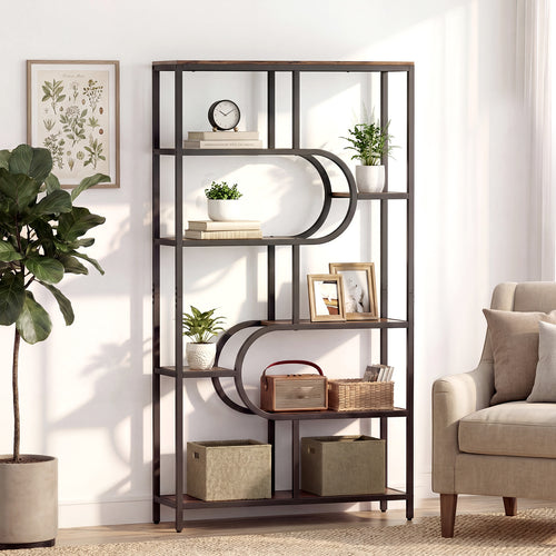 5-Tier Tall Bookcase, U Shape, Rustic Brown