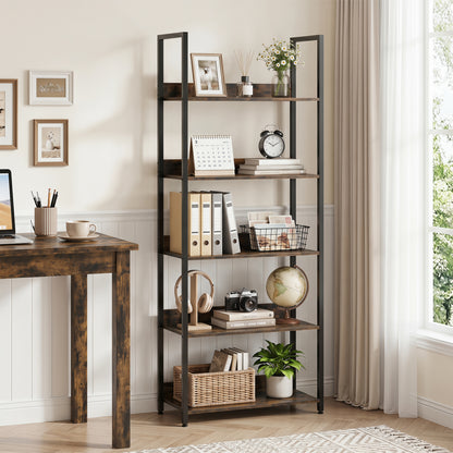 5-Tier Tall Wooden Bookcase with Back Panels, Rustic Brown Bookcases at Gallery Canada