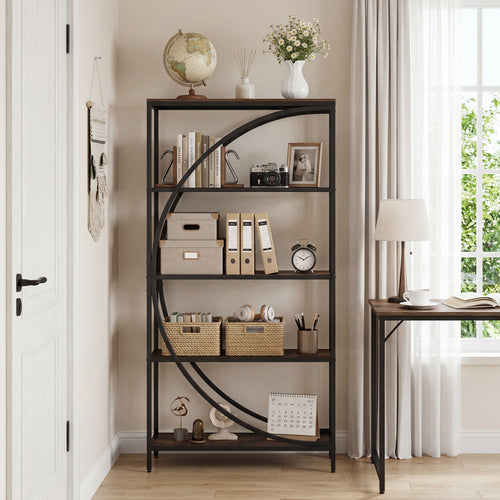 5-Tier Half-Moon Bookshelf, Living Room, Home Office, Rustic Brown