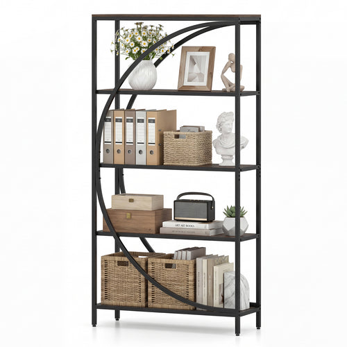 5-Tier Half-Moon Bookshelf, Living Room, Home Office, Rustic Brown