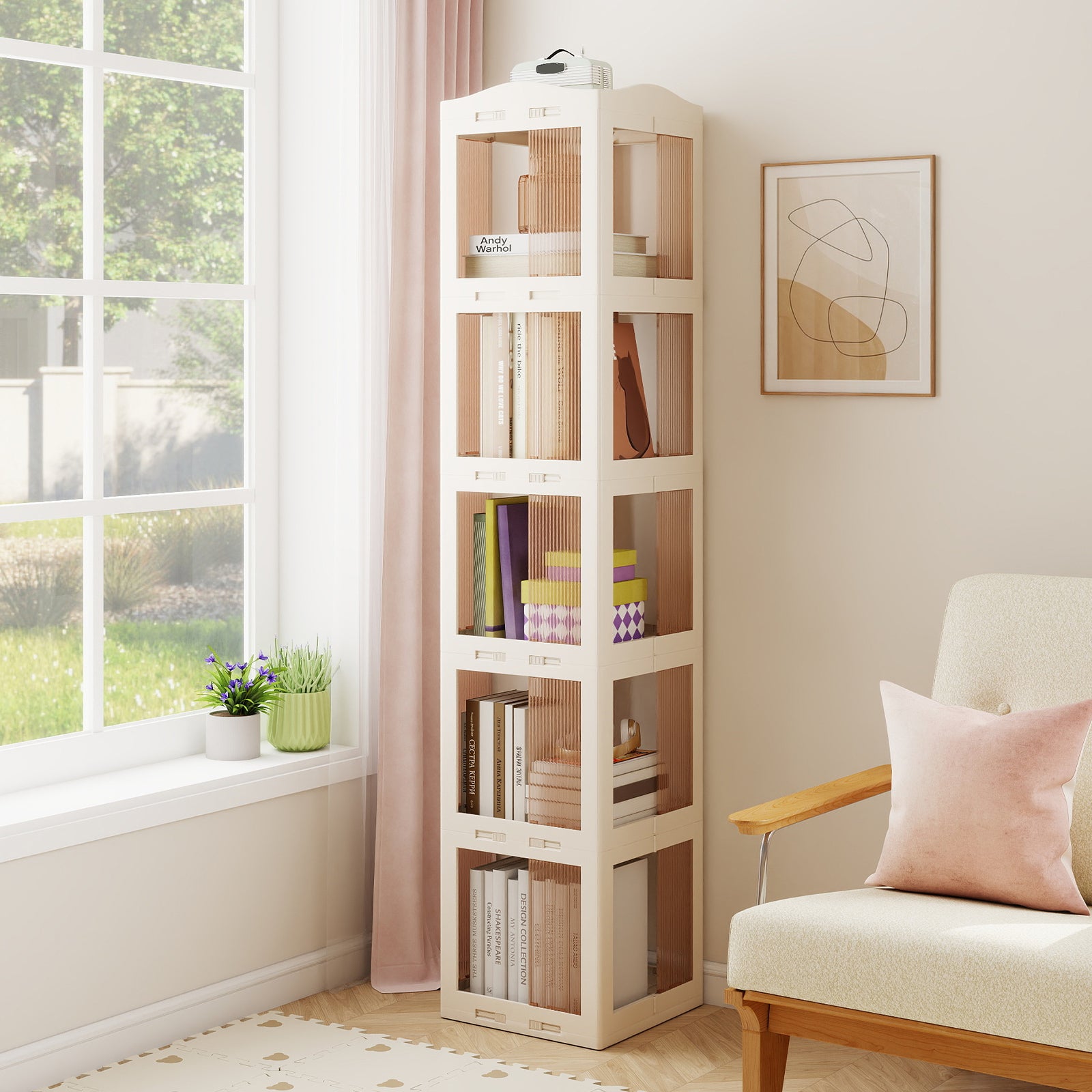 5-Tier Foldable Rotating Bookshelf 360° Spinning Bookcase with Swivel Base, White Bookcases at Gallery Canada