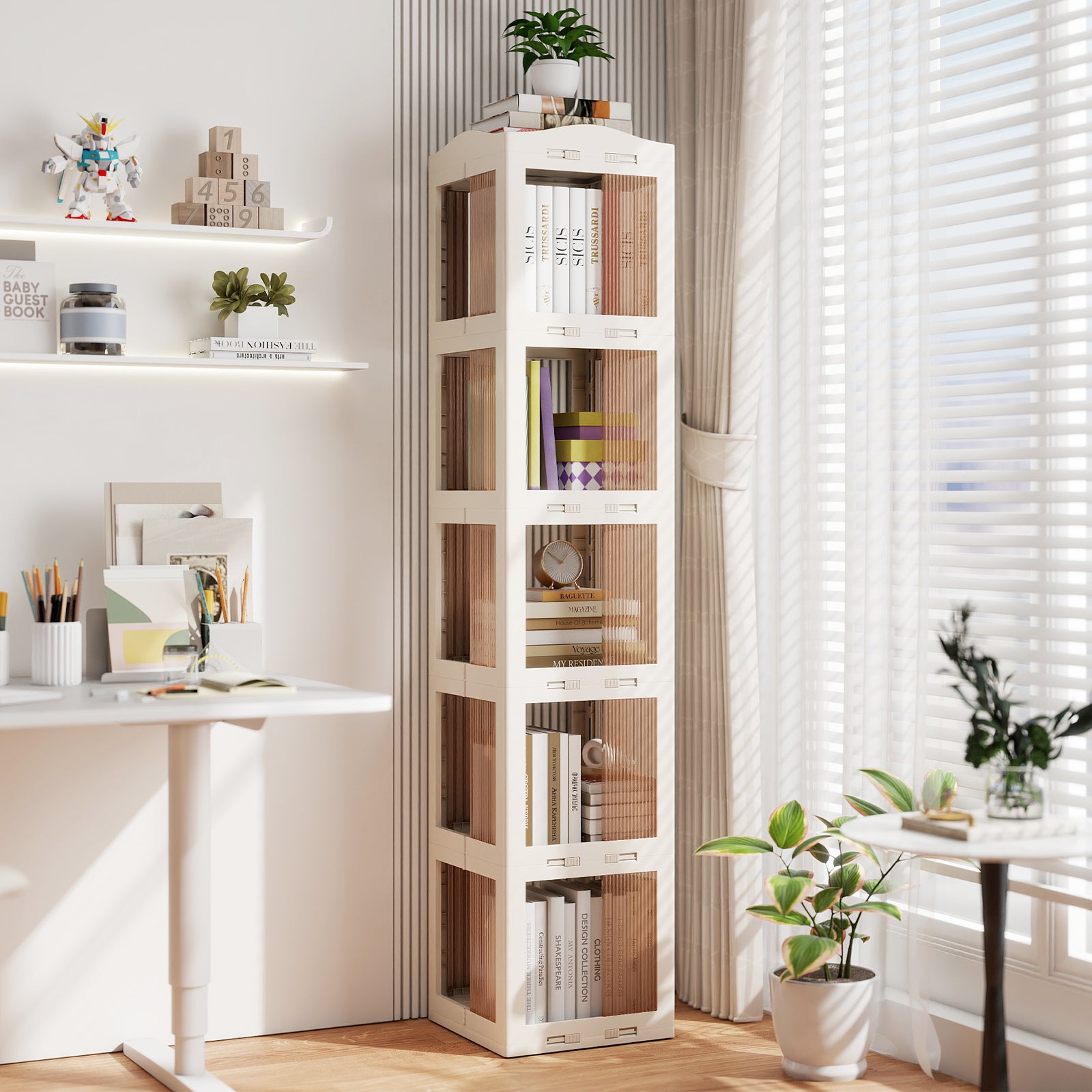 5-Tier Foldable Rotating Bookshelf 360° Spinning Bookcase with Swivel Base, White Bookcases at Gallery Canada