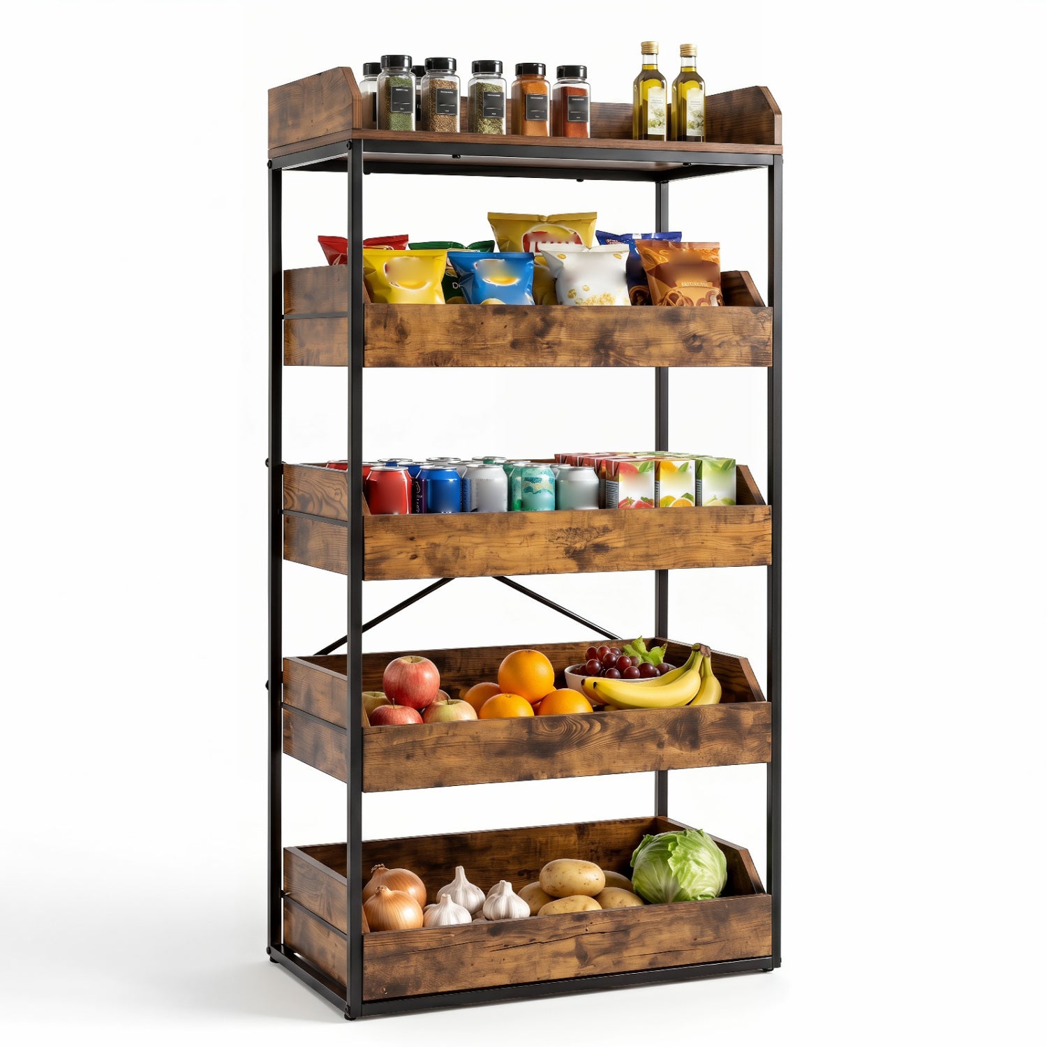 5-Tier Food Storage Rack with 4 Pull-out Drawers and Adjustable Feet, Rustic Brown Kitchen Organization at Gallery Canada