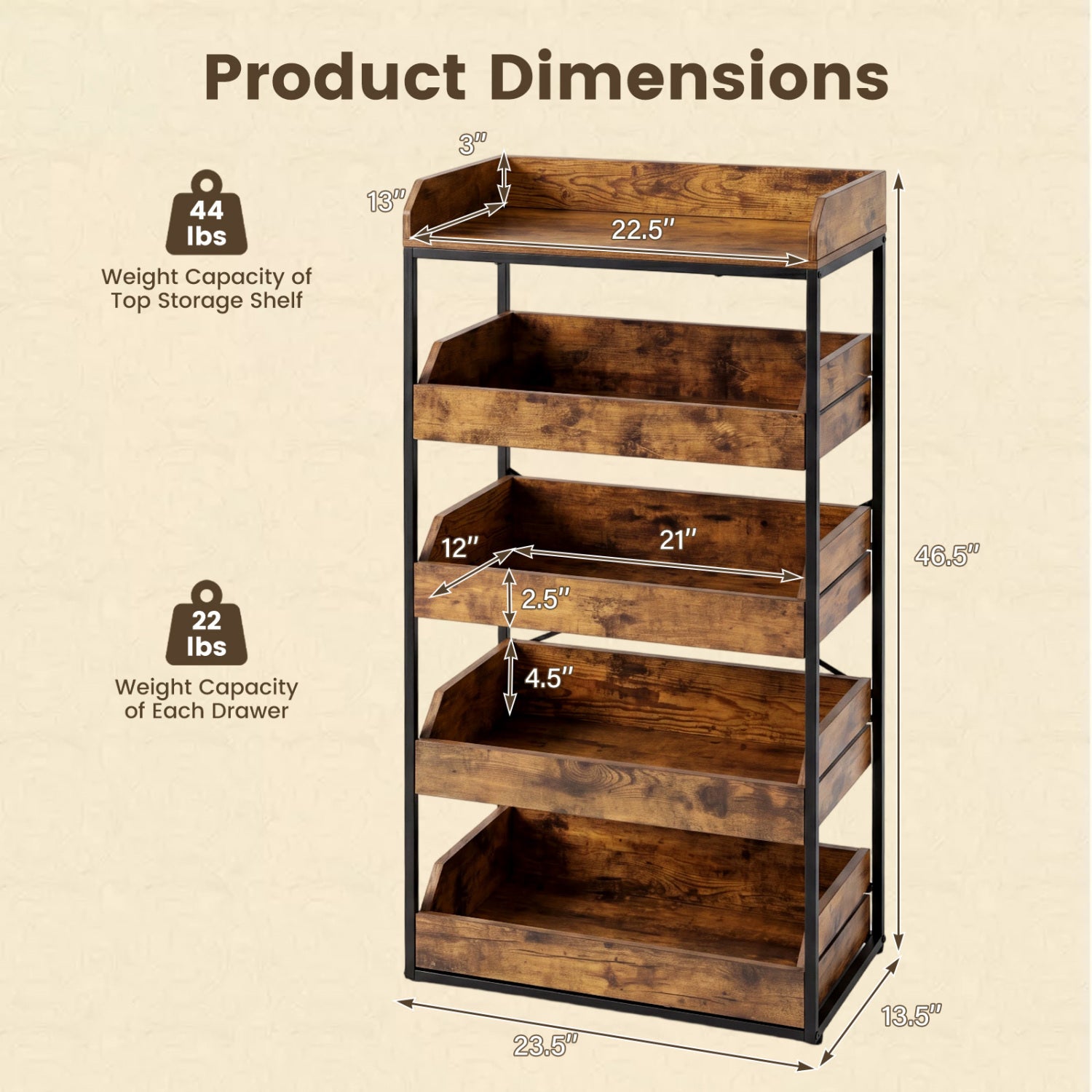 5-Tier Food Storage Rack with 4 Pull-out Drawers and Adjustable Feet, Rustic Brown Kitchen Organization at Gallery Canada