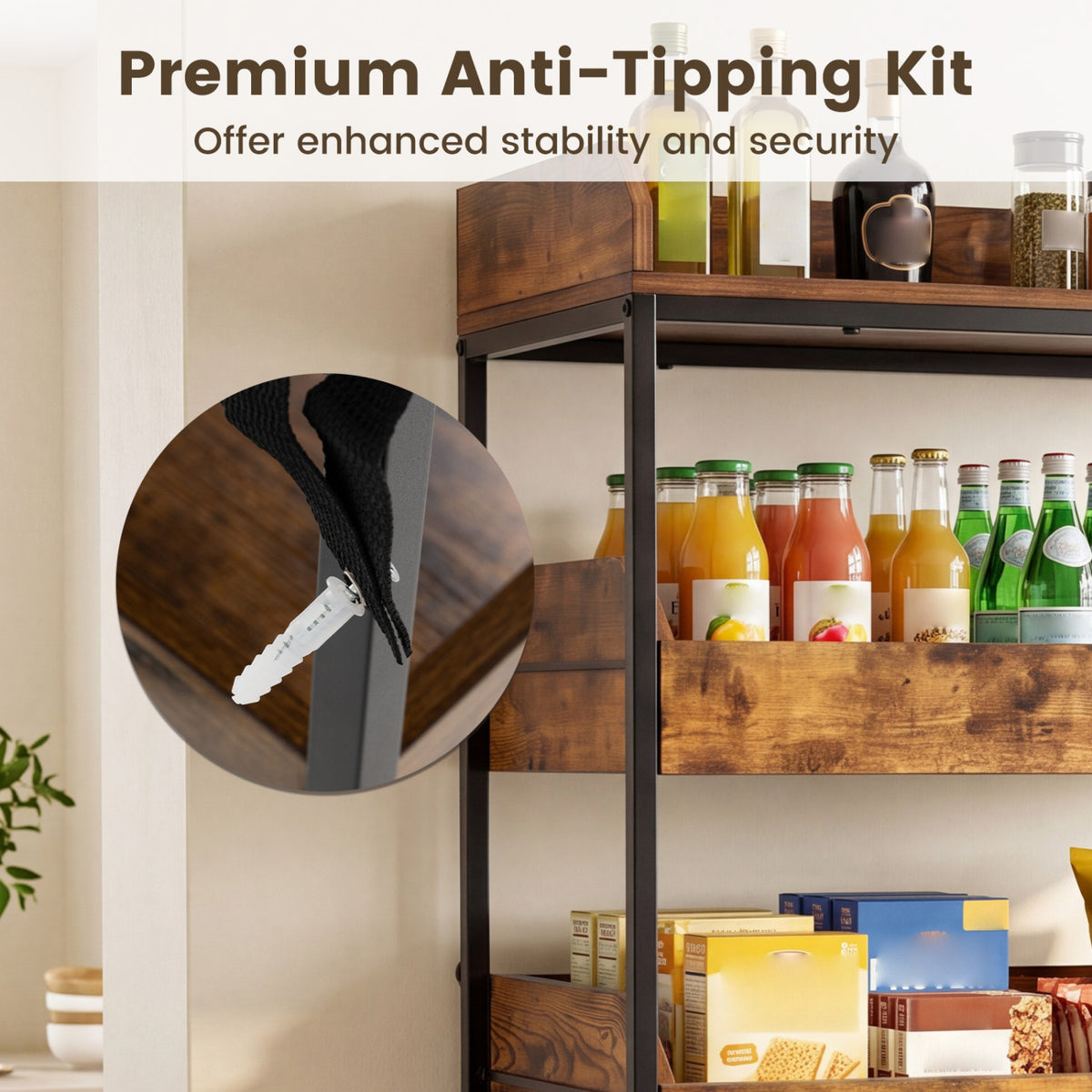 5-Tier Food Storage Rack with 4 Pull-out Drawers and Adjustable Feet, Rustic Brown Kitchen Organization at Gallery Canada
