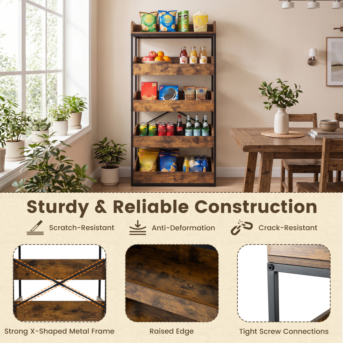 5-Tier Food Storage Rack with 4 Pull-out Drawers and Adjustable Feet, Rustic Brown Kitchen Organization at Gallery Canada