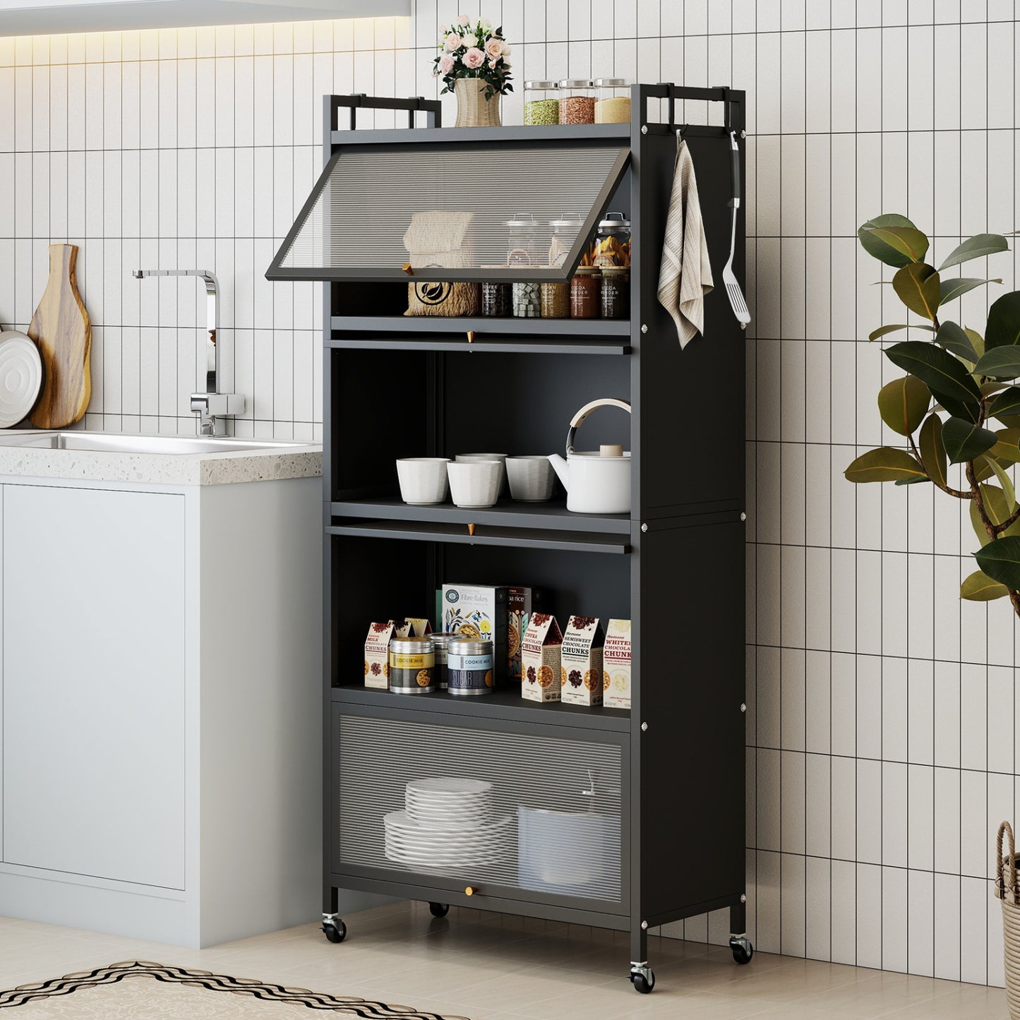 5-Tier Kitchen Cabinet, 4 Flip-Up Doors, Black Sideboards Cabinets & Buffets at Gallery Canada