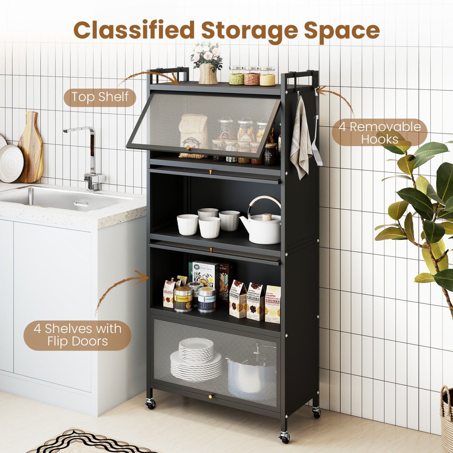5-Tier Kitchen Cabinet, 4 Flip-Up Doors, Black Sideboards Cabinets & Buffets at Gallery Canada