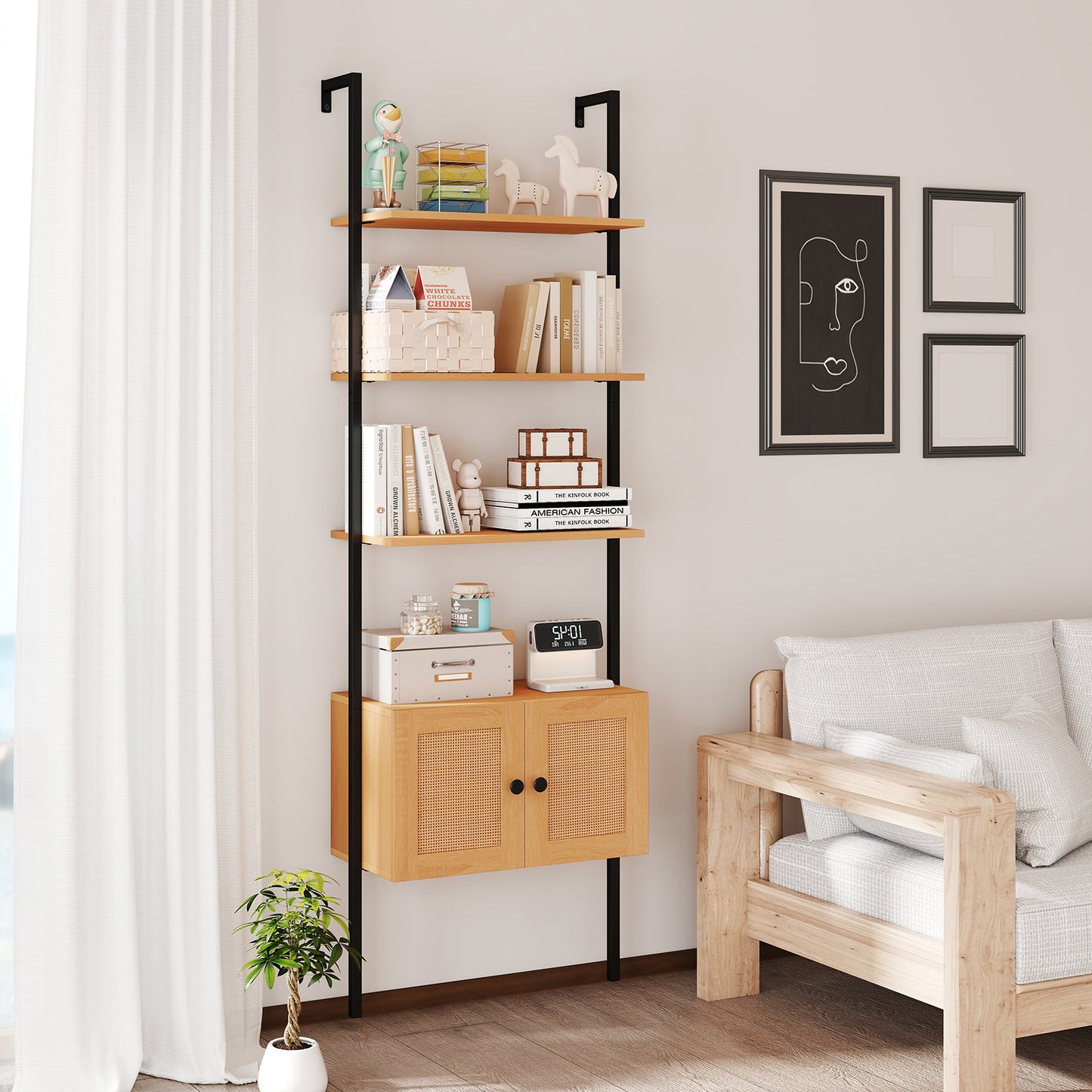 5-Tier Ladder Bookcase, Rattan Cabinet, Metal Frame, Natural Bookcases at Gallery Canada
