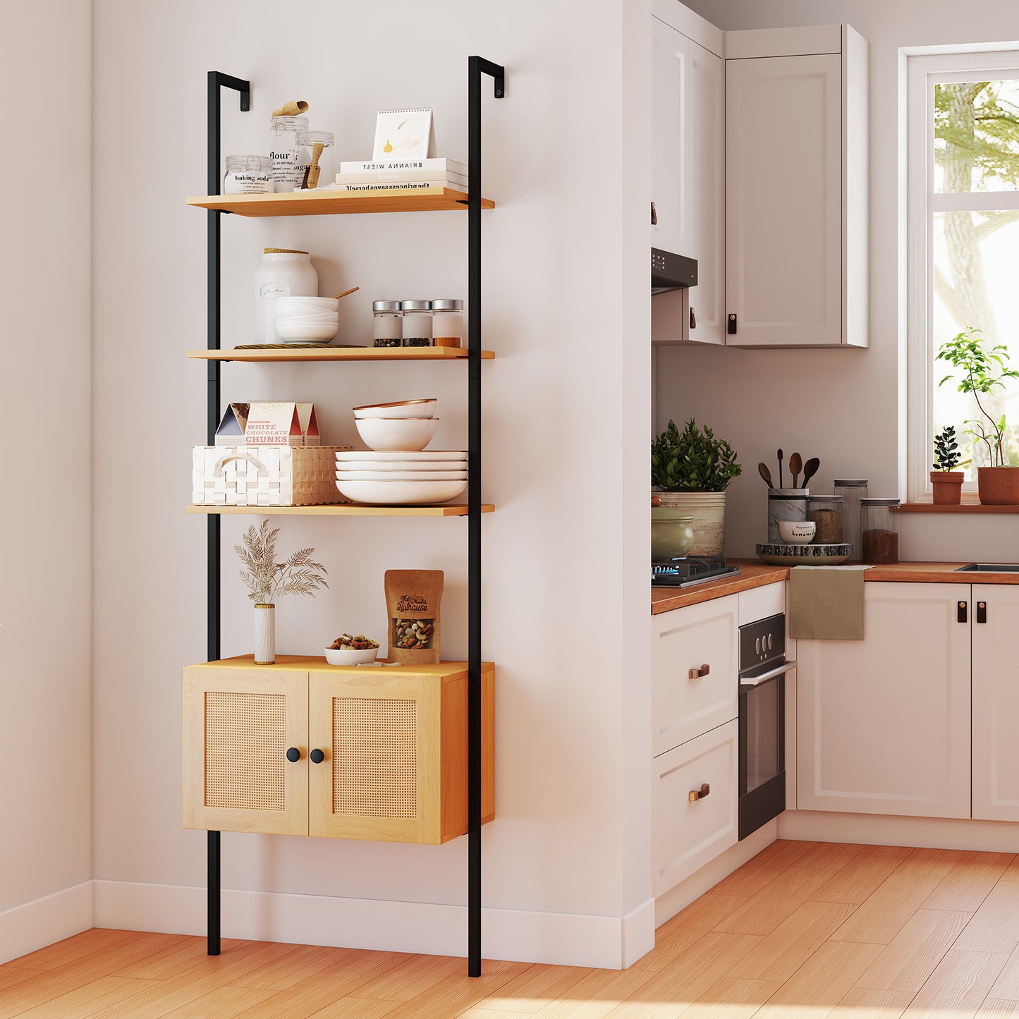 5-Tier Ladder Bookcase, Rattan Cabinet, Metal Frame, Natural Bookcases at Gallery Canada