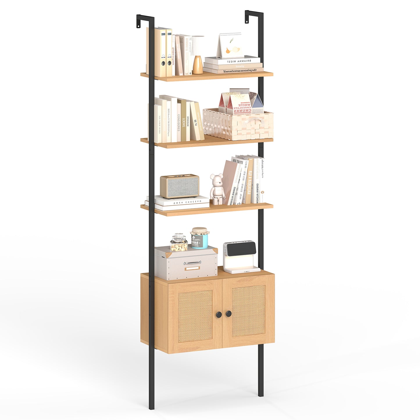 5-Tier Ladder Bookcase, Rattan Cabinet, Metal Frame, Natural Bookcases at Gallery Canada