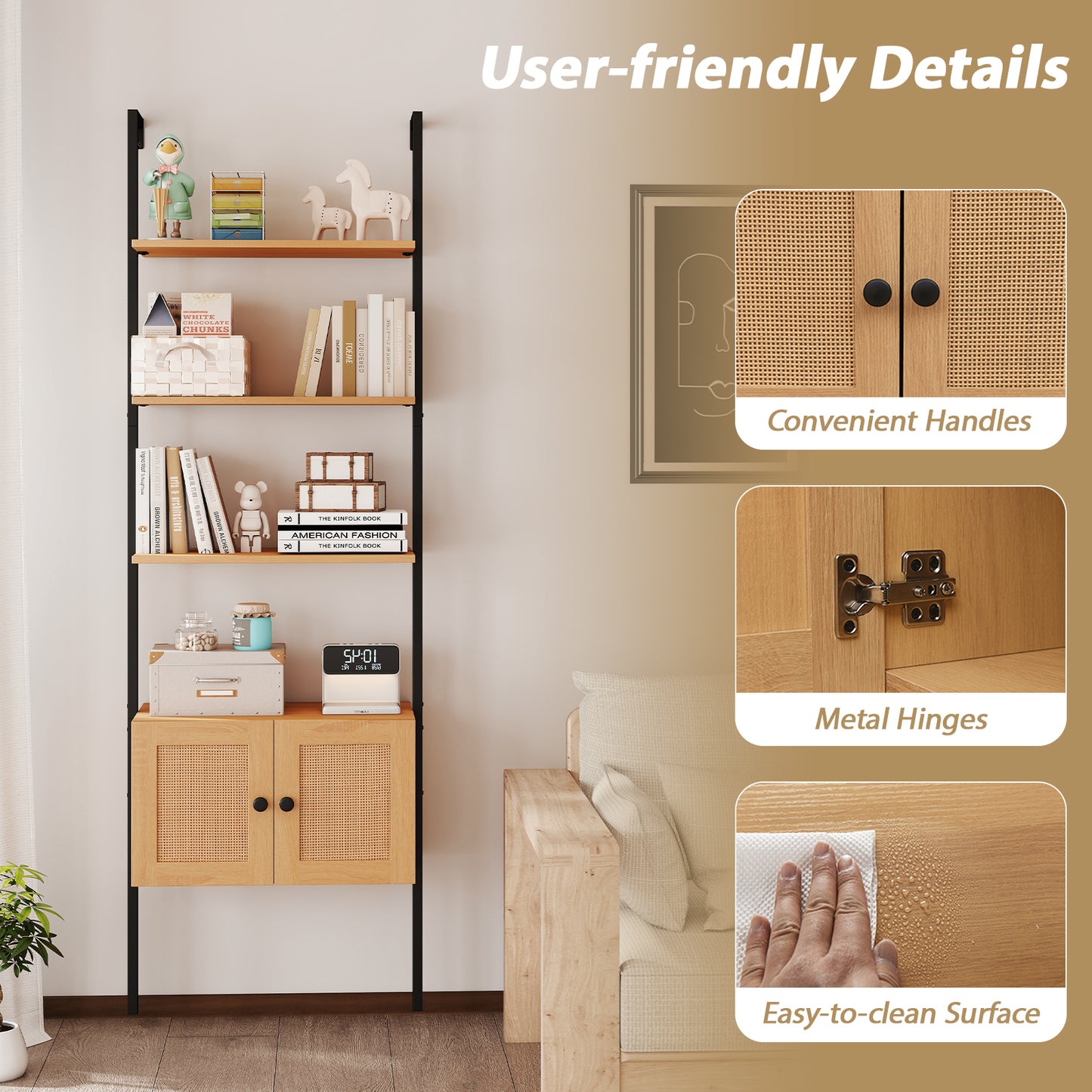 5-Tier Ladder Bookcase, Rattan Cabinet, Metal Frame, Natural Bookcases at Gallery Canada