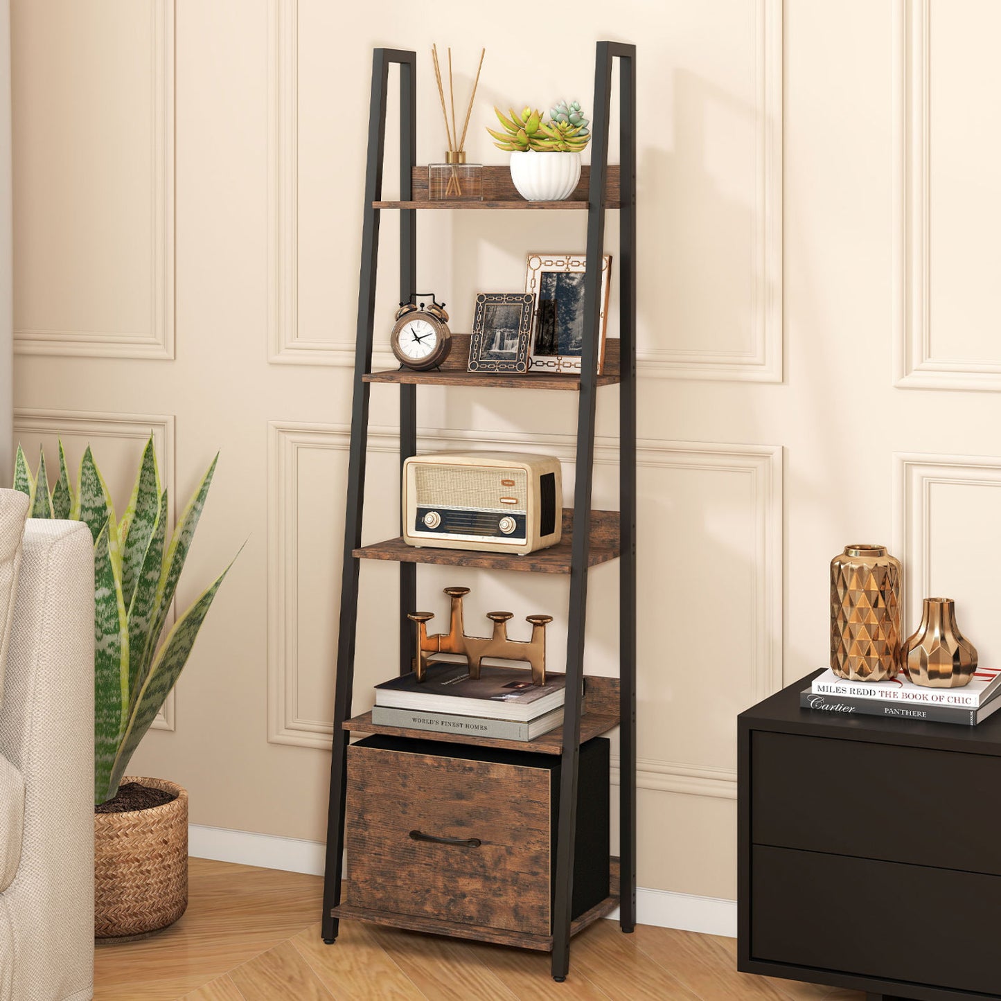 5-Tier Ladder Bookshelf with Fabric Drawer for Living Room and Home Office, Rustic Brown Bookcases at Gallery Canada