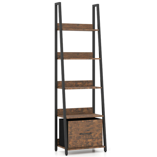 5-Tier Ladder Bookshelf with Fabric Drawer for Living Room and Home Office, Rustic Brown