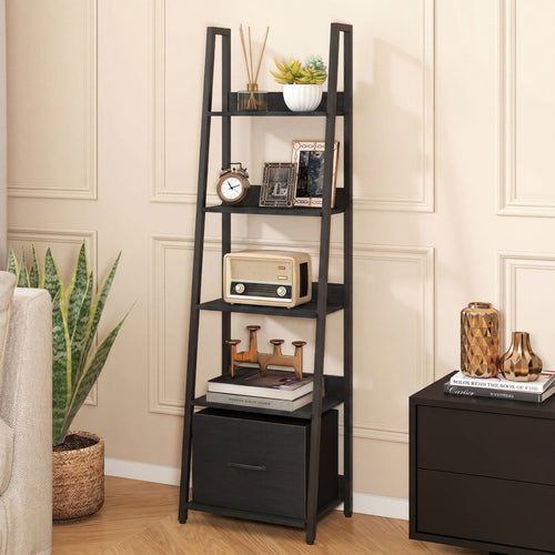 5-Tier Ladder Bookshelf with Fabric Drawer for Living Room and Home Office, Black