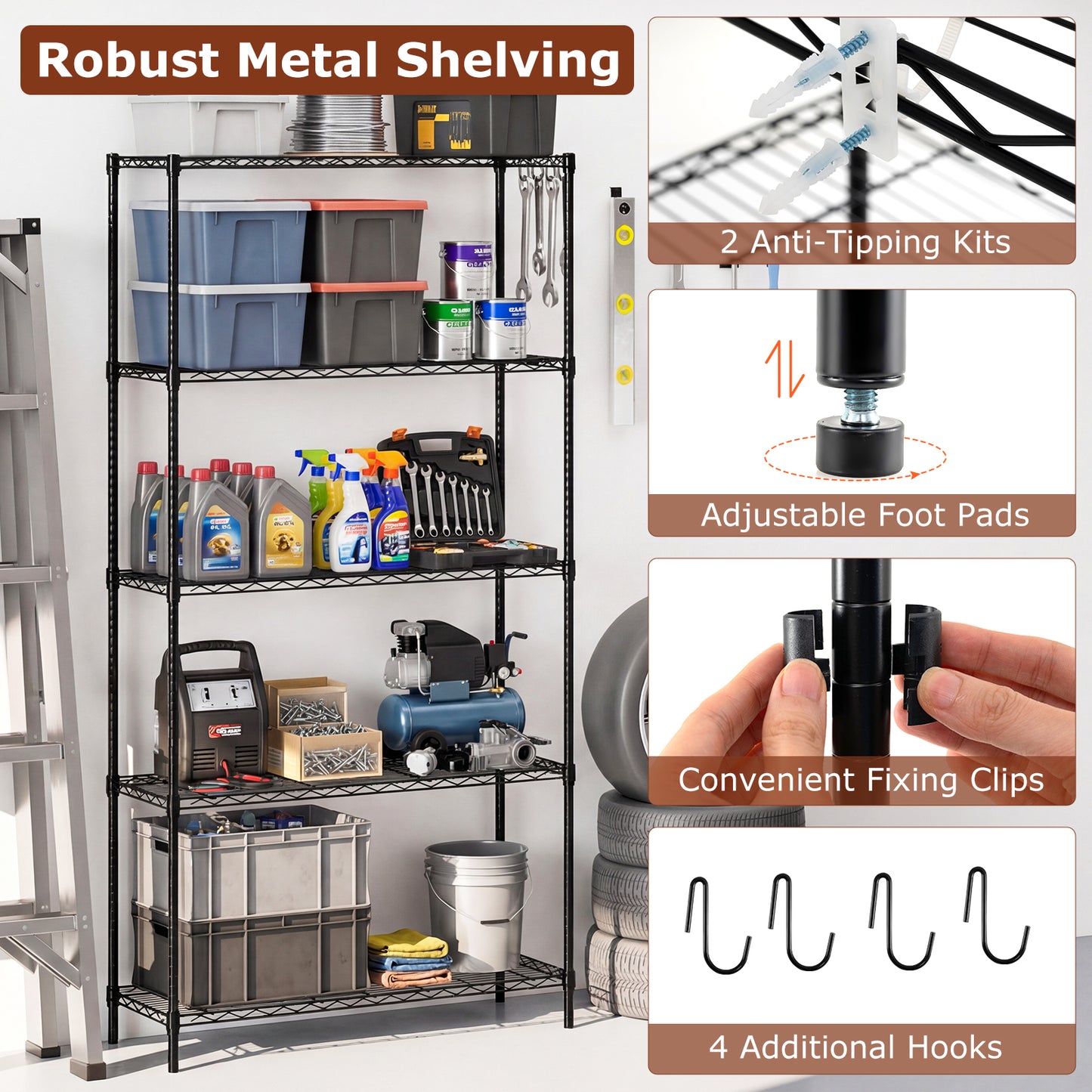 5-Tier Metal Storage Shelving Unit with V-Shaped Wire Rack and 1250 LBS Capacity-DK, Black Garages at Gallery Canada