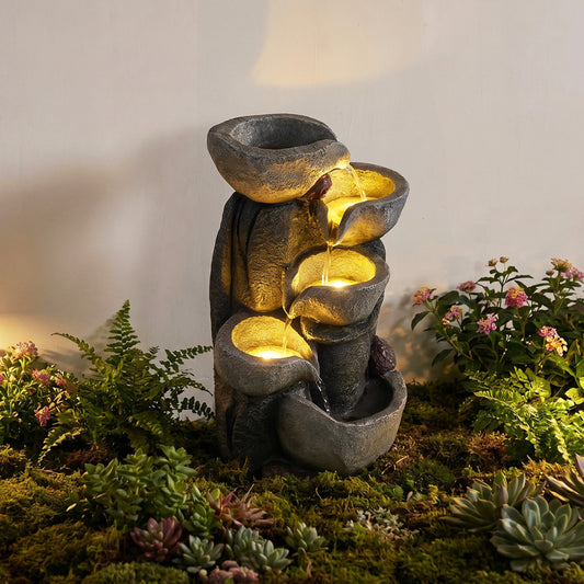 5-Tier Outdoor Water Fountain With LED Lights, 17.5 Inch H, Gray Outdoor Decor Gray at Gallery Canada