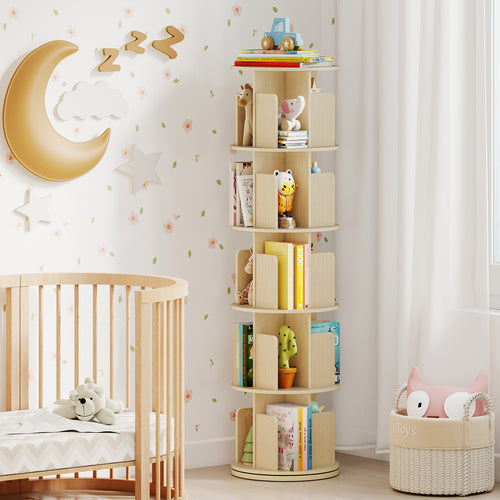5-Tier Rotating Bookshelf, 360° Display Rack, Natural