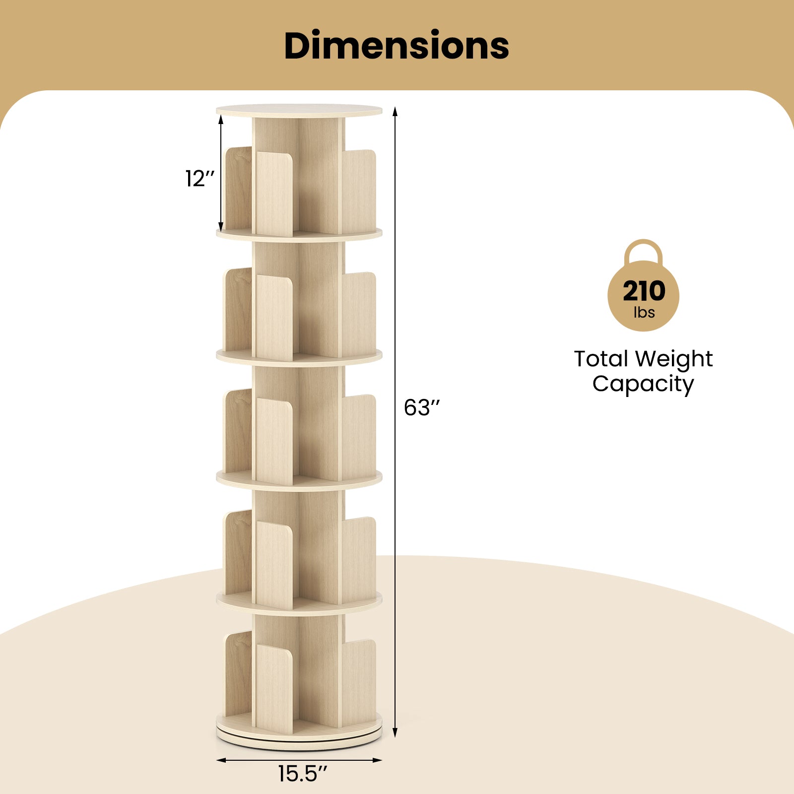 5-Tier Rotating Bookshelf, 360° Display Rack, Natural Bookcases at Gallery Canada