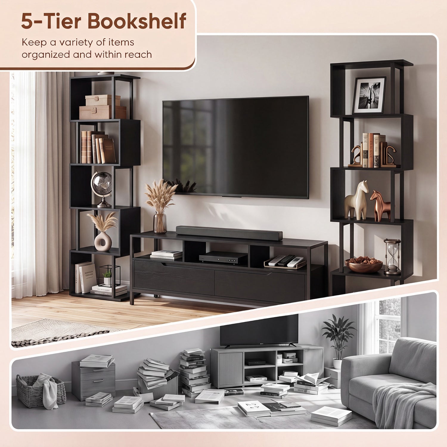 5-Tier S-Shaped Bookshelf, Open Cubes, Anti-Toppling, Black Bookcases at Gallery Canada