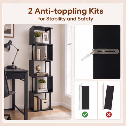 5-Tier S-Shaped Bookshelf, Open Cubes, Anti-Toppling, Black Bookcases at Gallery Canada