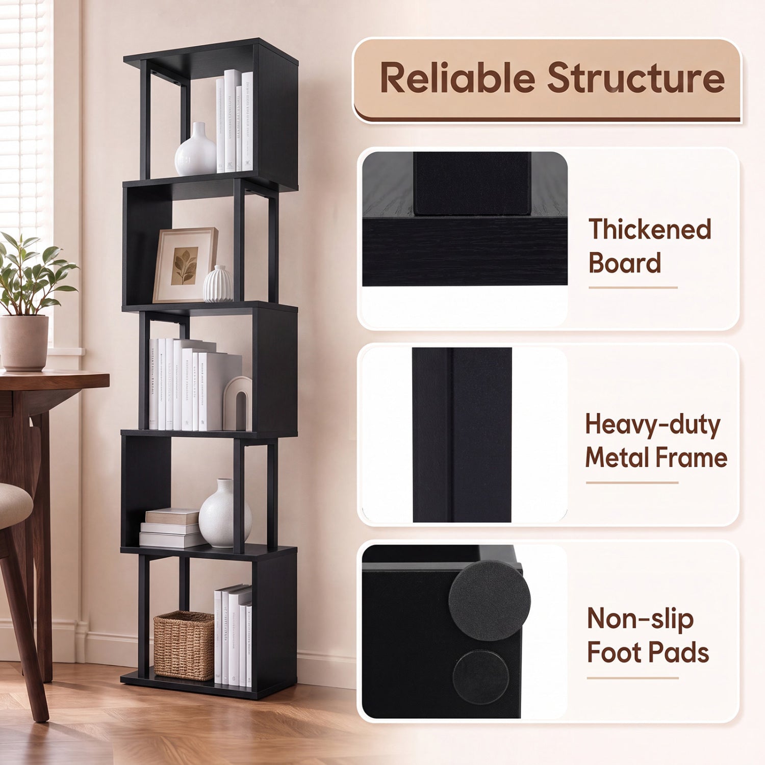 5-Tier S-Shaped Bookshelf, Open Cubes, Anti-Toppling, Black Bookcases at Gallery Canada
