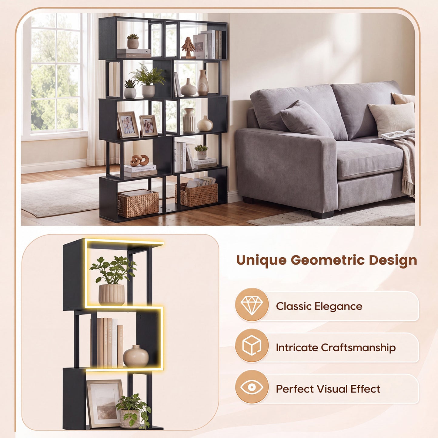 5-Tier S-Shaped Bookshelf, Open Cubes, Anti-Toppling, Black Bookcases at Gallery Canada