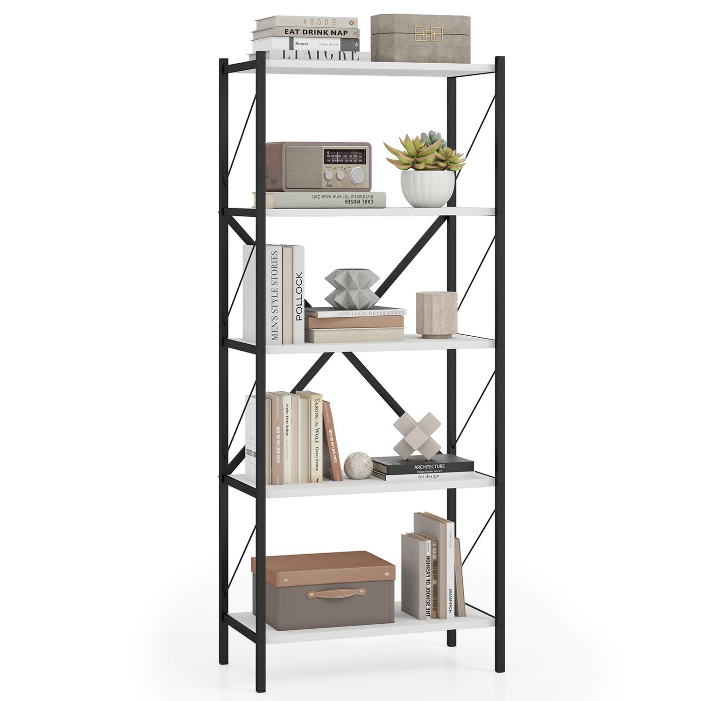 5-Tier Tall Bookshelf Industrial Bookcase with Heavy-Duty Metal Frame Modern Storage, White Bookcases at Gallery Canada