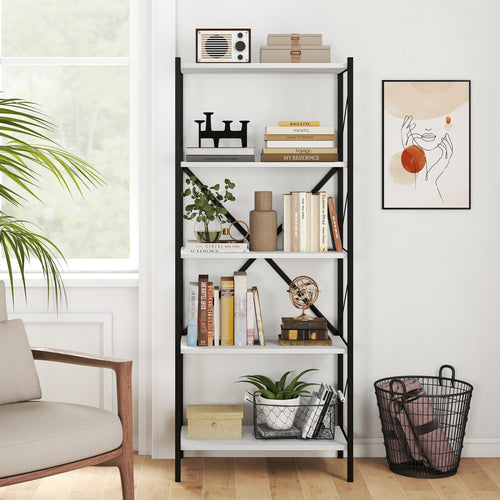 5-Tier Tall Bookshelf Industrial Bookcase with Heavy-Duty Metal Frame Modern Storage, White