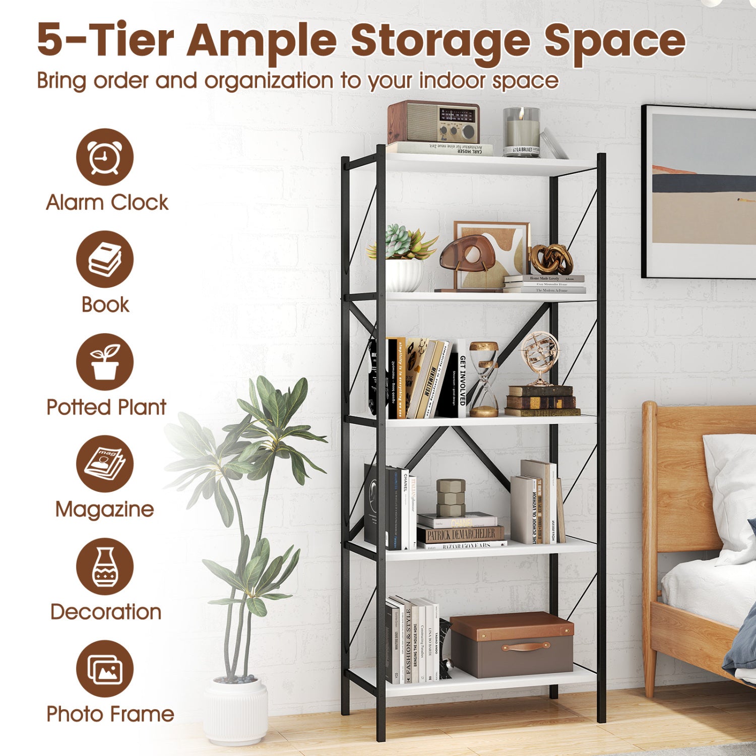 5-Tier Tall Bookshelf Industrial Bookcase with Heavy-Duty Metal Frame Modern Storage, White Bookcases at Gallery Canada