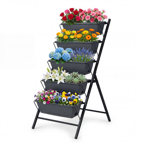 5-Tier Vertical Garden Bed With Drainage, Removable Trays, Black