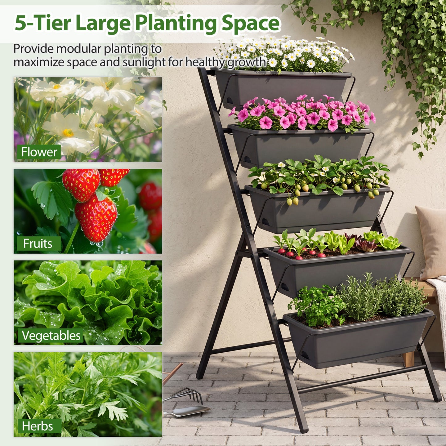 5-Tier Vertical Garden Bed With Drainage, Removable Trays, Black Raised Garden Beds at Gallery Canada