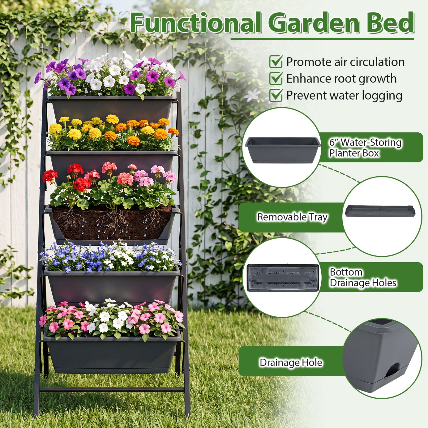 5-Tier Vertical Garden Bed With Drainage, Removable Trays, Black Raised Garden Beds at Gallery Canada