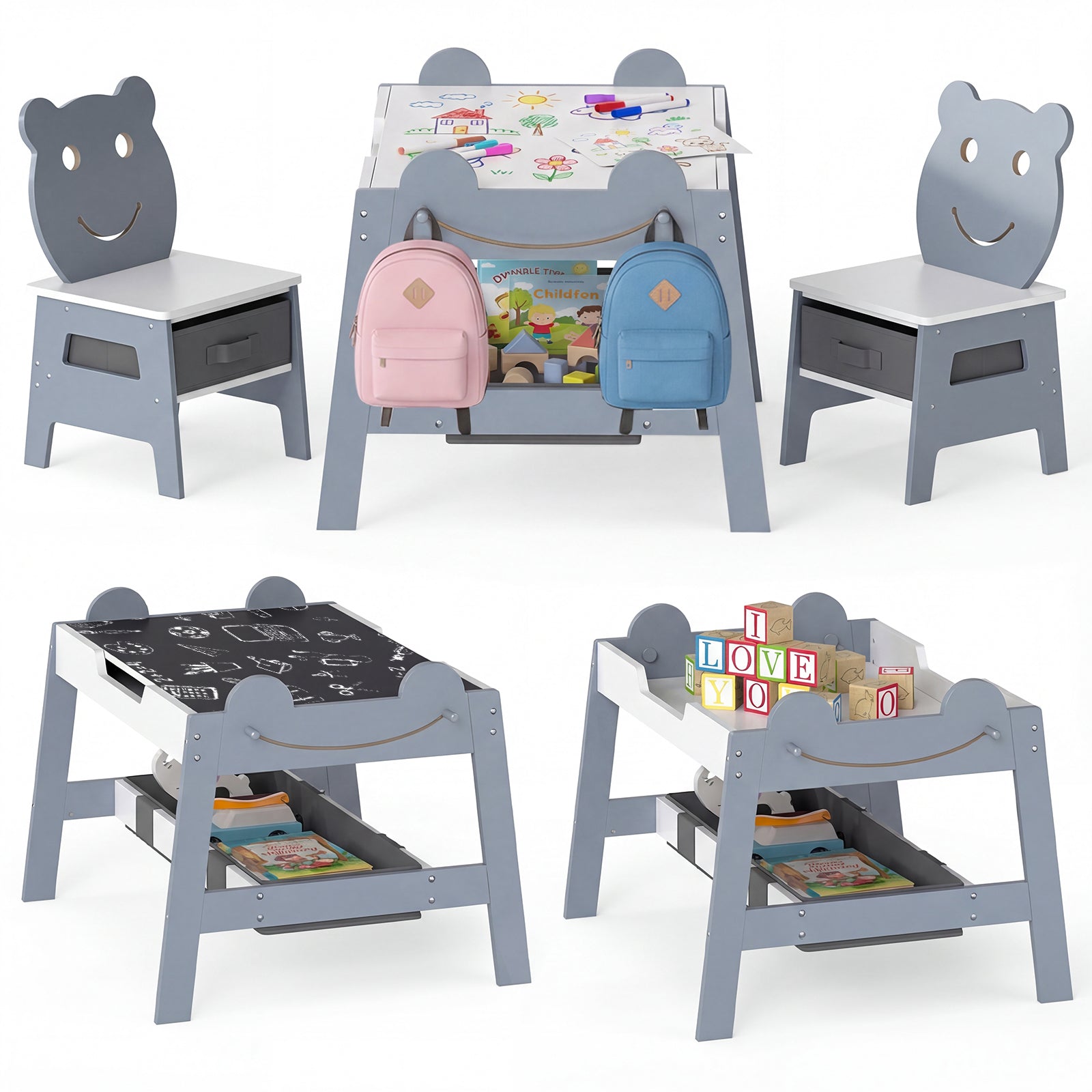 5-in-1 Toddler Table and 2 Chairs Cute Art Desk Set with Reversible Chalkboard Whiteboard-Grey, Gray Kids Table & Chair Sets Gray at Gallery Canada