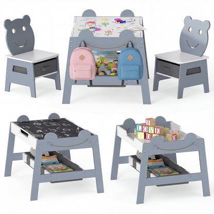 5-in-1 Toddler Table and 2 Chairs Cute Art Desk Set with Reversible Chalkboard Whiteboard-Grey, Gray Kids Table & Chair Sets Gray at Gallery Canada