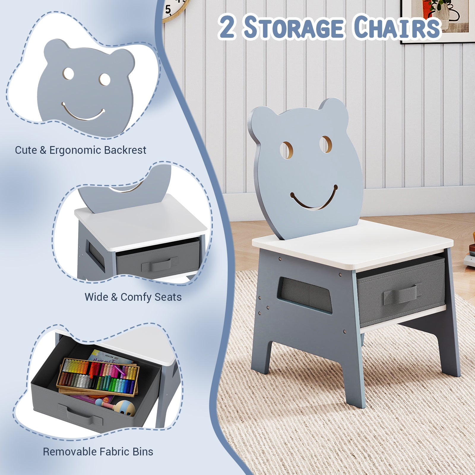 5-in-1 Toddler Table and 2 Chairs Cute Art Desk Set with Reversible Chalkboard Whiteboard-Grey, Gray Kids Table & Chair Sets at Gallery Canada