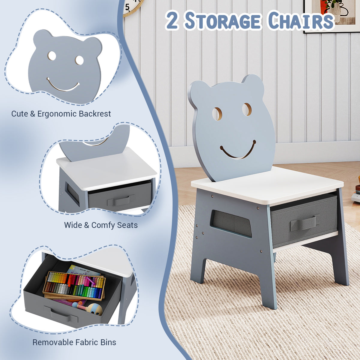 5-in-1 Toddler Table and 2 Chairs Cute Art Desk Set with Reversible Chalkboard Whiteboard-Grey, Gray Kids Table & Chair Sets at Gallery Canada