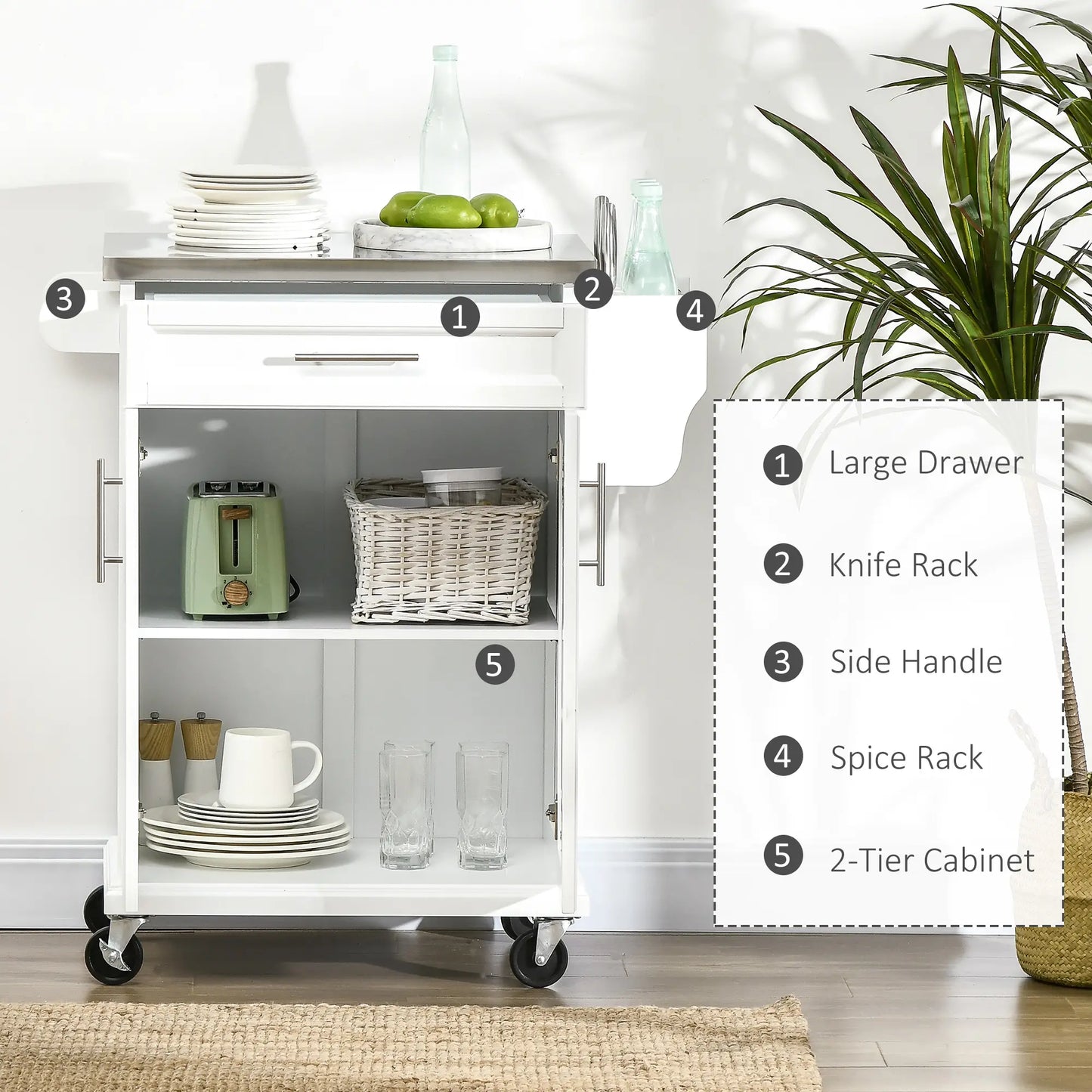 Kitchen Island with Stainless Steel Top, Rolling Cart, Storage Drawer, White Kitchen Islands & Kitchen Carts at Gallery Canada