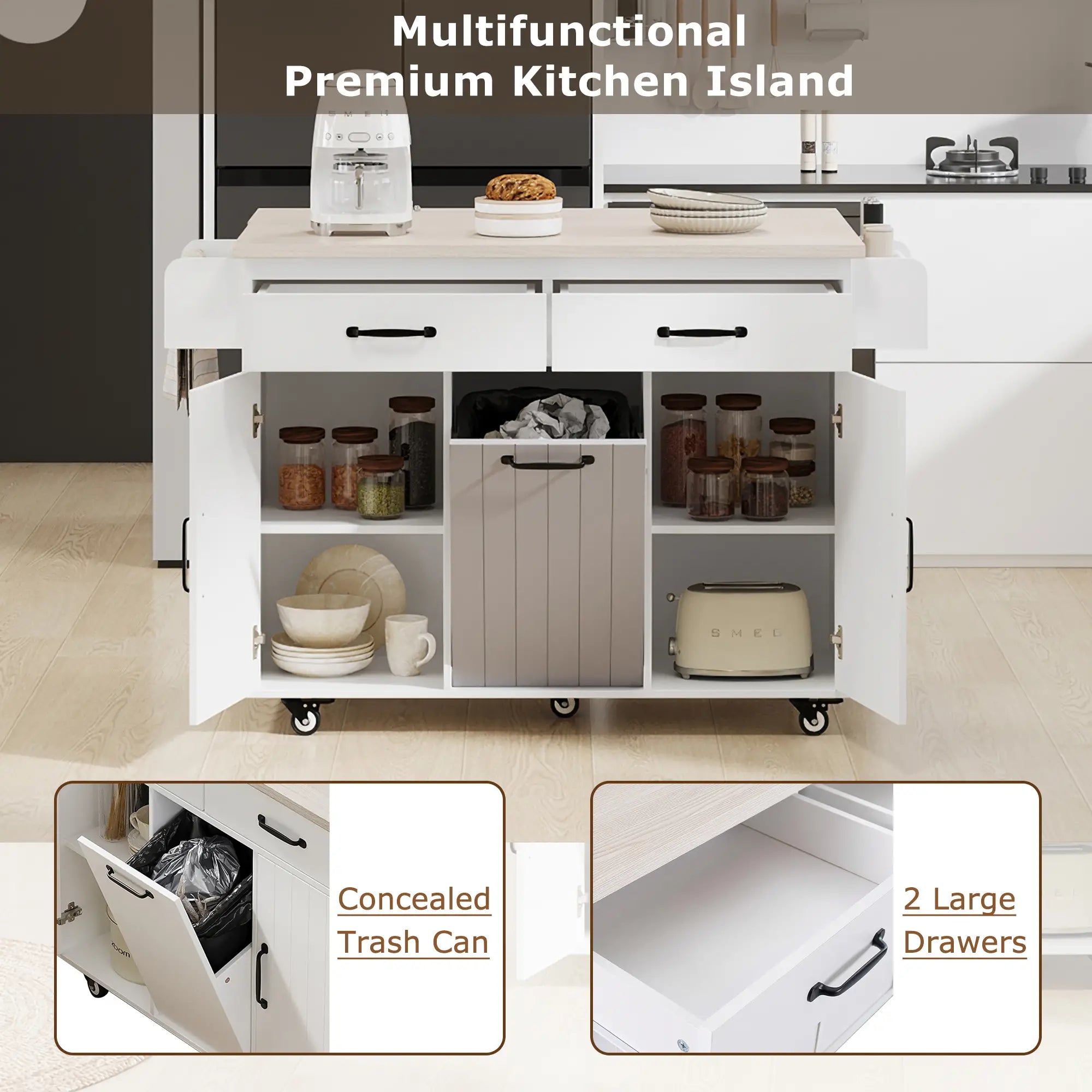 Kitchen Island with Tilt-Out Trash Cabinet, Adjustable Shelf, 51