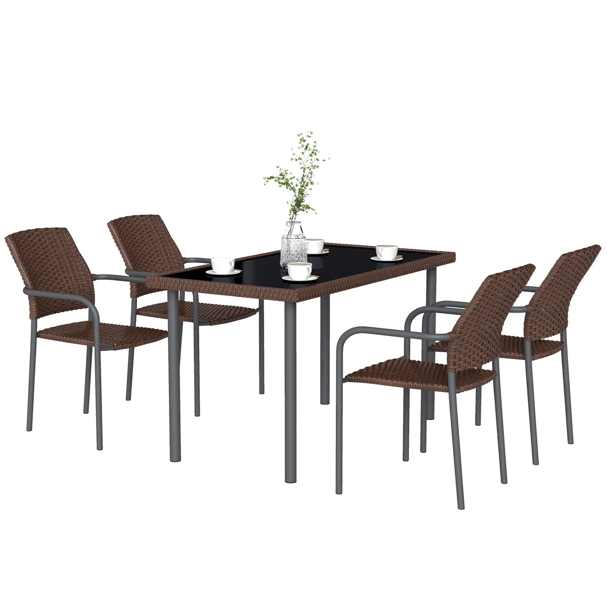 5 Piece Outdoor Dining Set, PE Wicker Rattan Patio Furniture, Stackable Chairs, Glass Table Top
