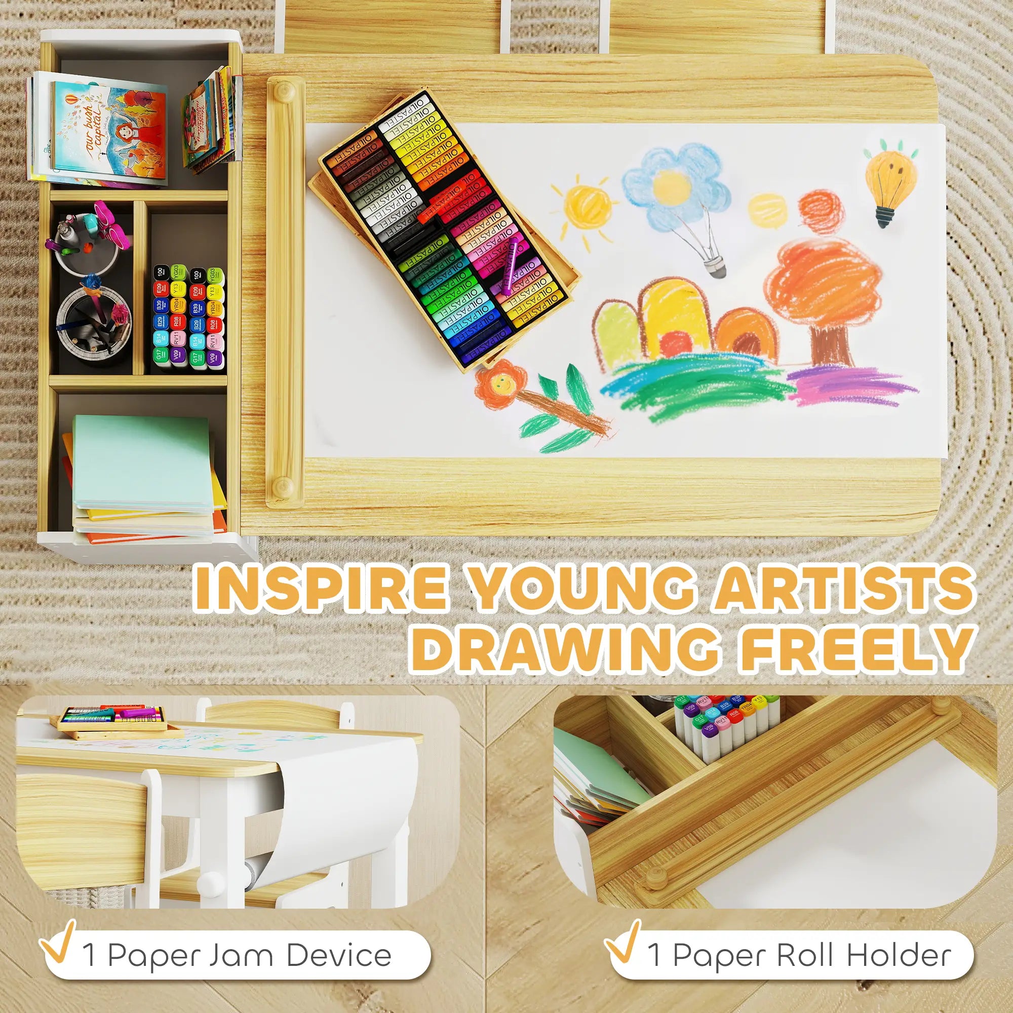 Kids Table and Chairs Set, Toddler Art Table with Paper Roll, Storage, Natural Wood Kids Table Sets at Gallery Canada