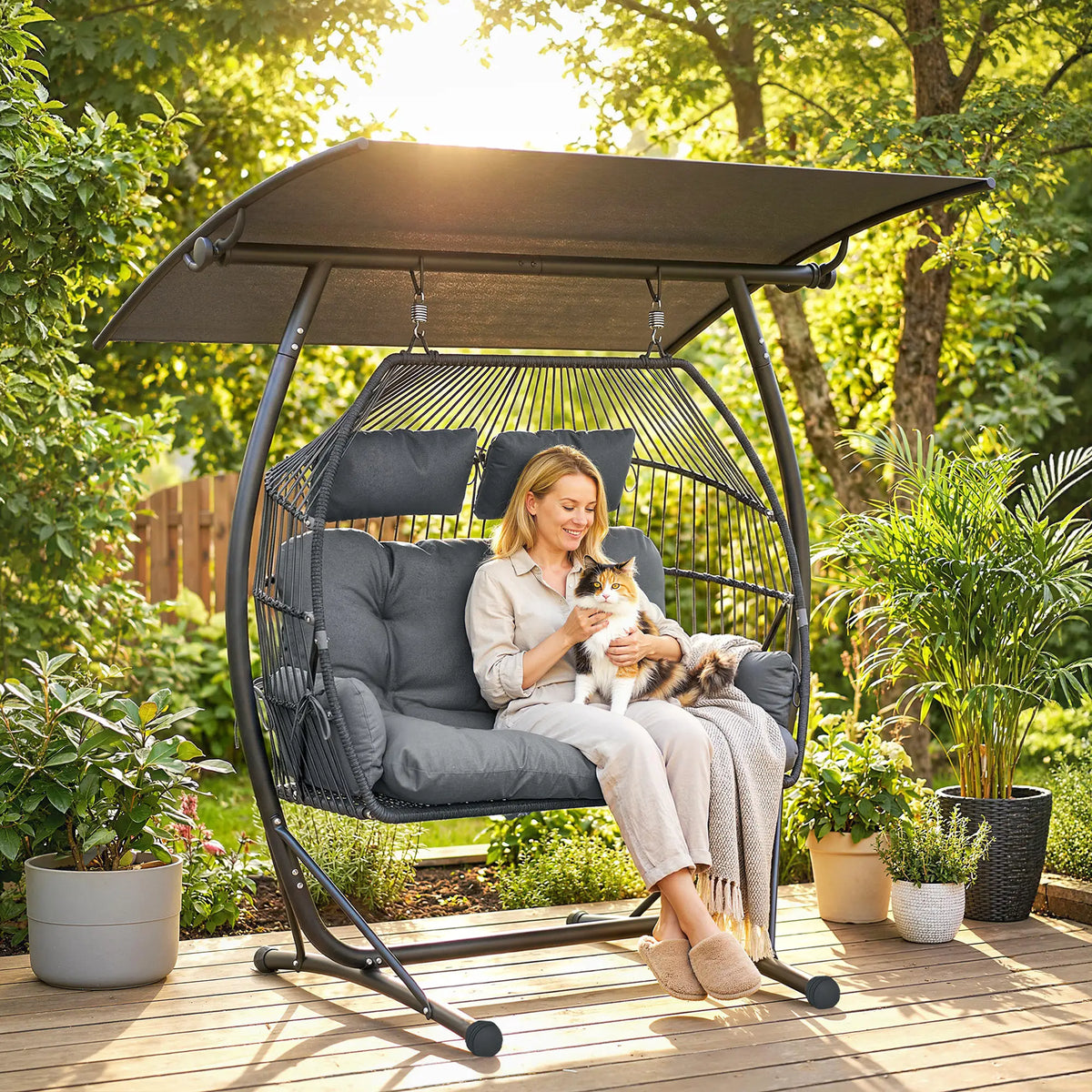 Hanging Double Egg Chair with Canopy, Cushion, Stand, Dark Grey Patio Swings with Stand at Gallery Canada