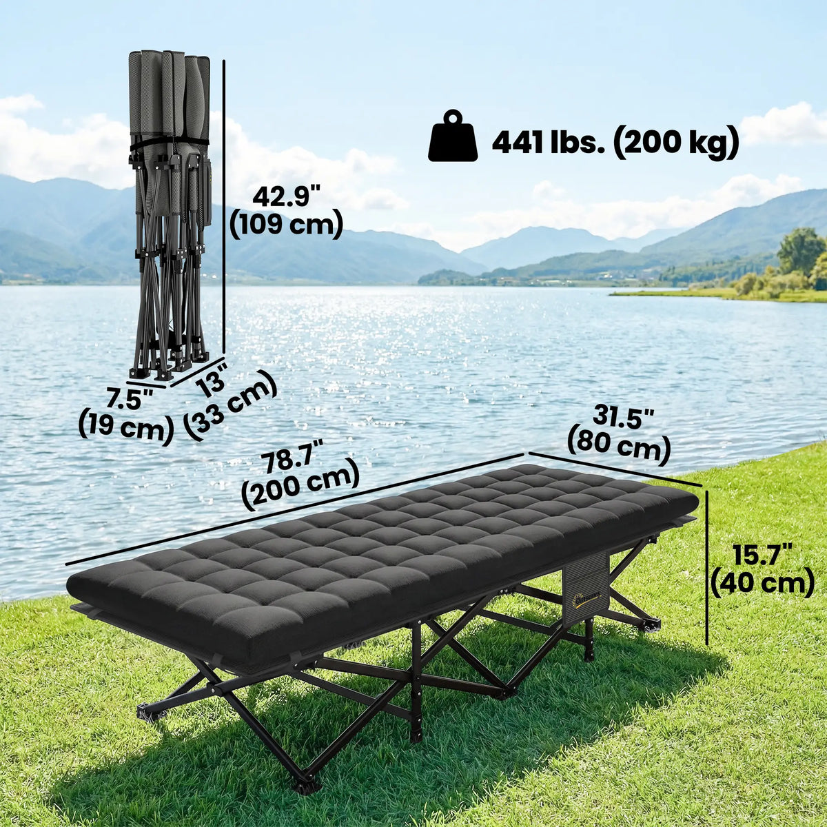 32" Extra Wide Folding Camping Cot, Soft Pad, Non-Slip Feet, Carry Bag, Black Camping Cots at Gallery Canada