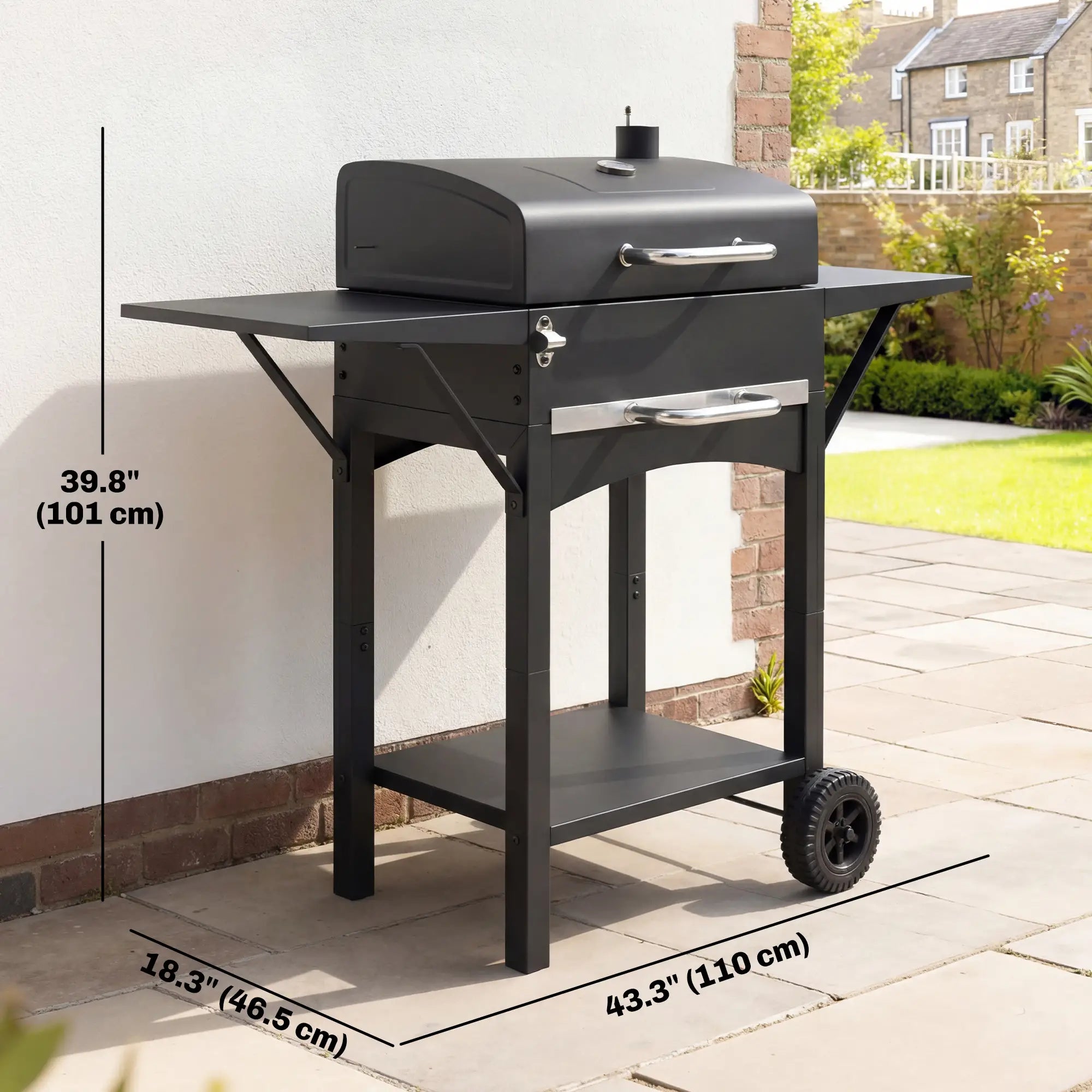 Charcoal Grill With Side Tables, Barbecue Smoker With Thermometer, 43.3