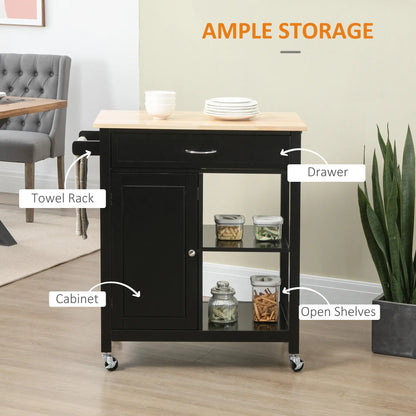 Rolling Kitchen Cart, Wood Top with Drawer, 36 Inch, Black Kitchen Islands & Kitchen Carts at Gallery Canada