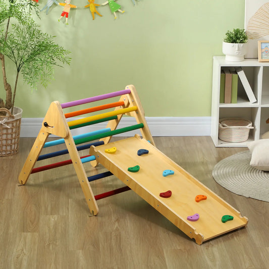 Pikler Triangle Set, 3 in 1 Climbing Toys with Ramp, Nature Wood Baby Gym & Playmats Multicolour at Gallery Canada